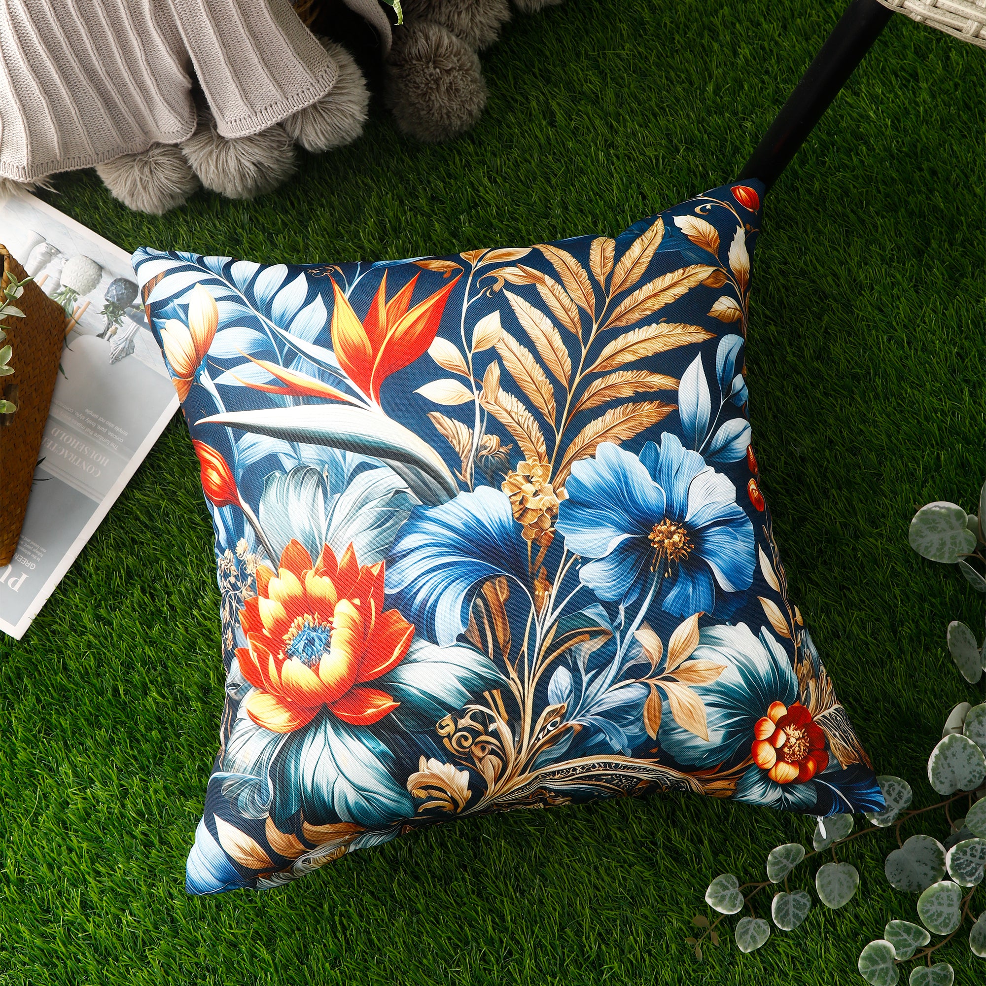 Water & Stain Resistant Floral Outdoor Cushion Cover 45x45cm Garden Décor - Design 2 (Blue)