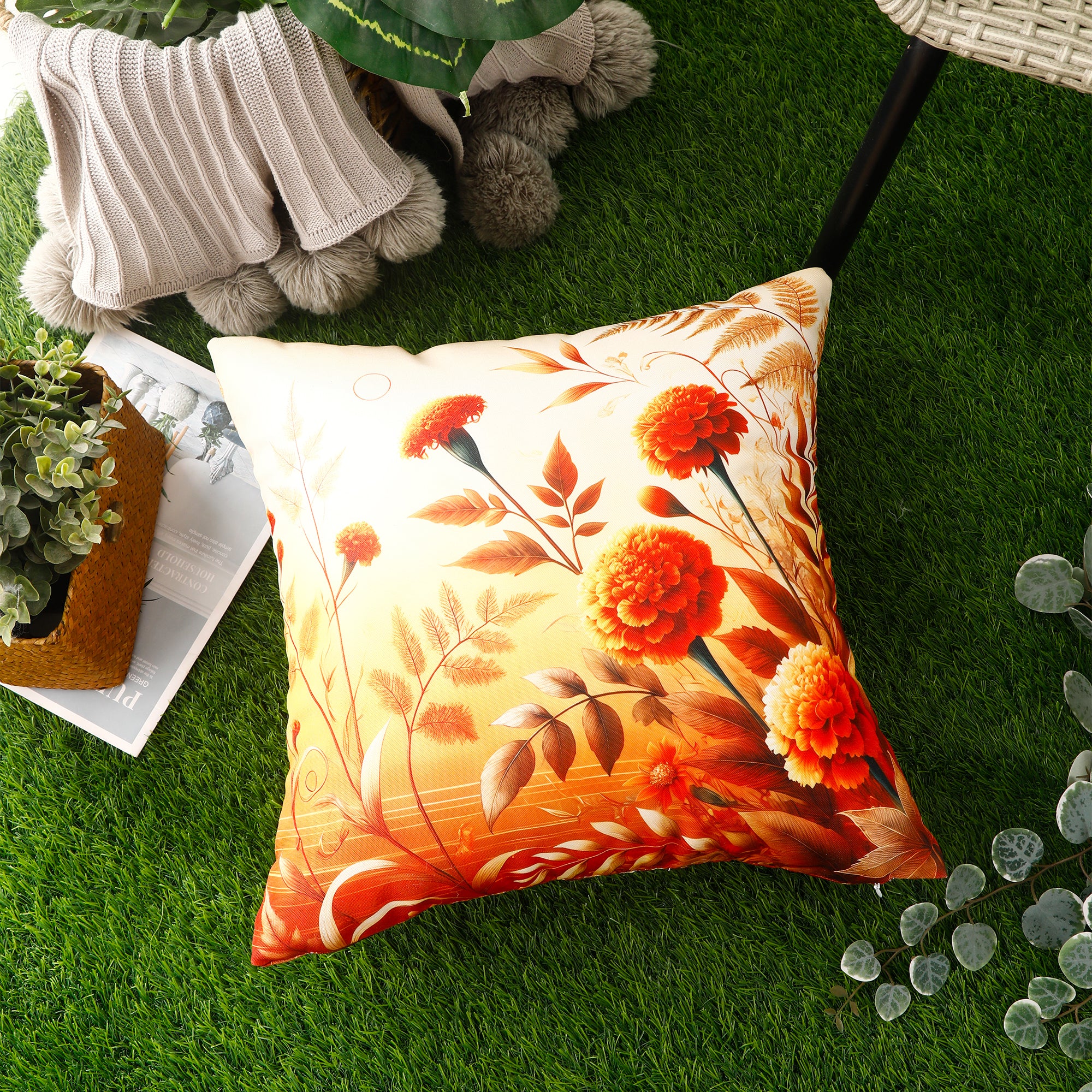 Water & Stain Resistant Floral Outdoor Cushion Cover 45x45cm Garden Décor - Design 1 (Orange)
