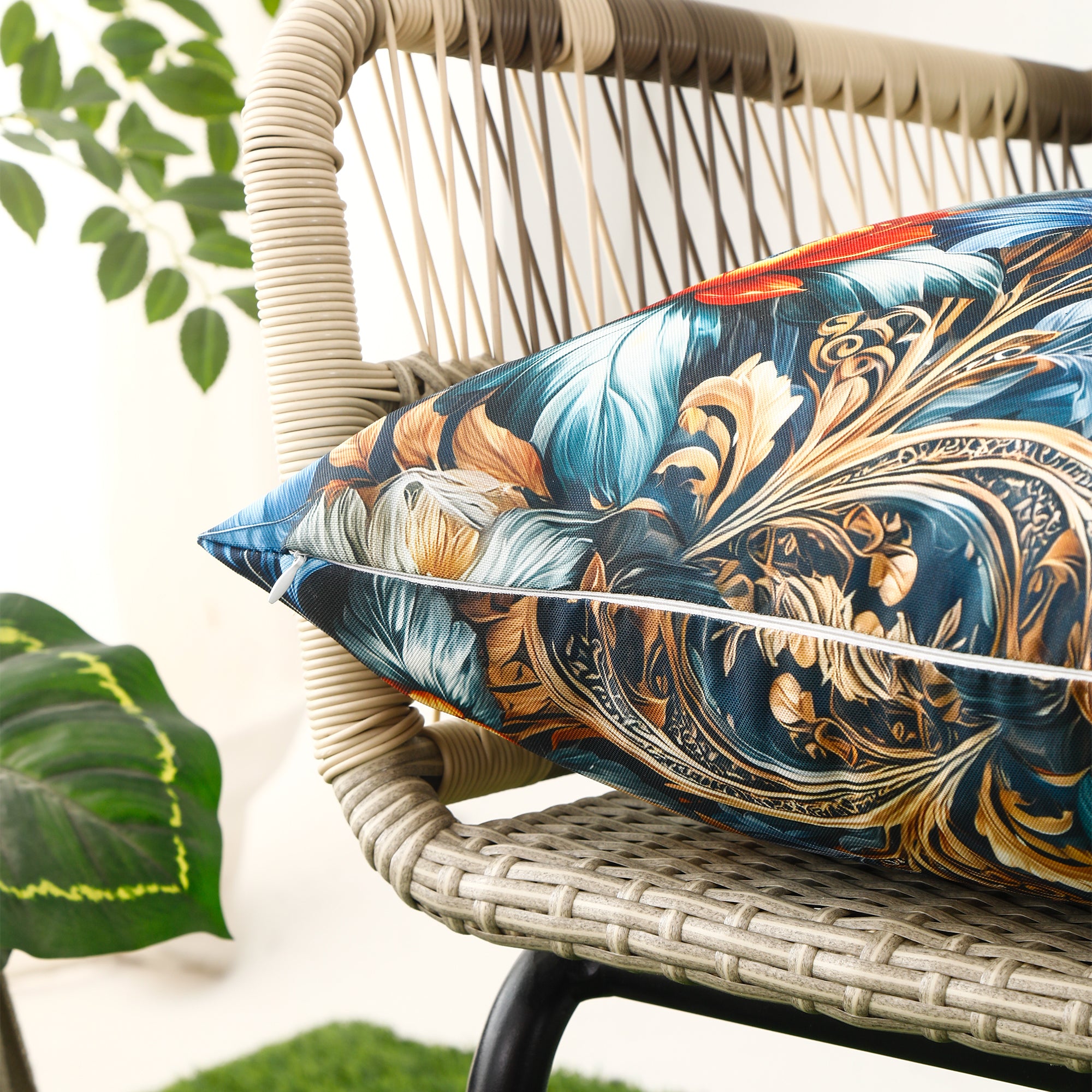 Water & Stain Resistant Floral Outdoor Cushion Cover 45x45cm Garden Décor - Design 2 (Blue)