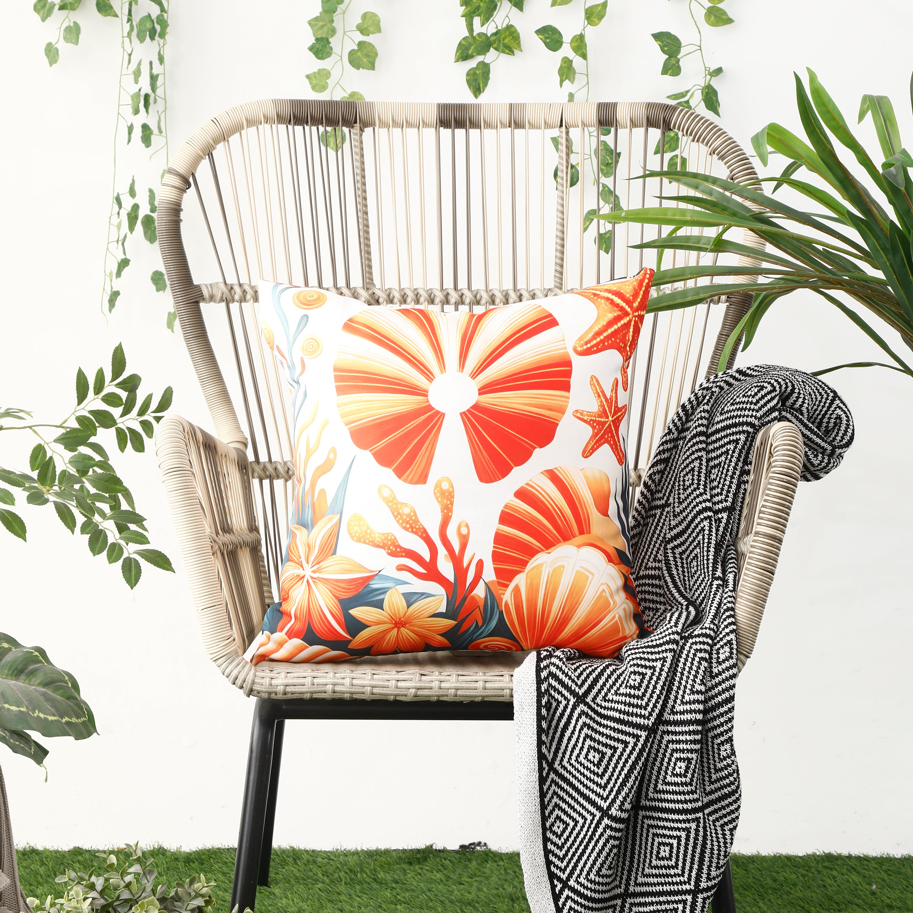 Marine-themed waterproof cushion covers with seashell and starfish designs