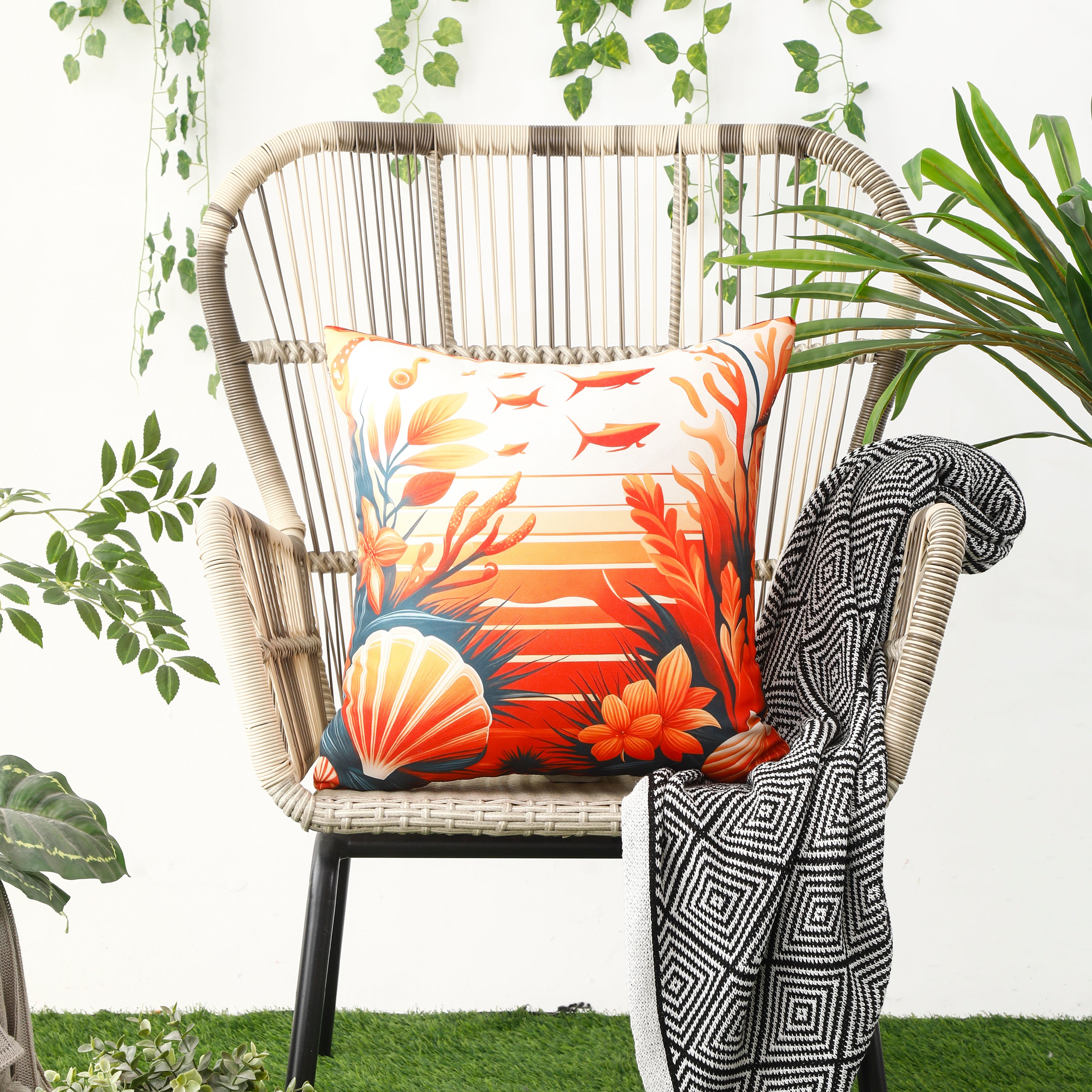 Marine-themed waterproof cushion covers with seashell and starfish designs