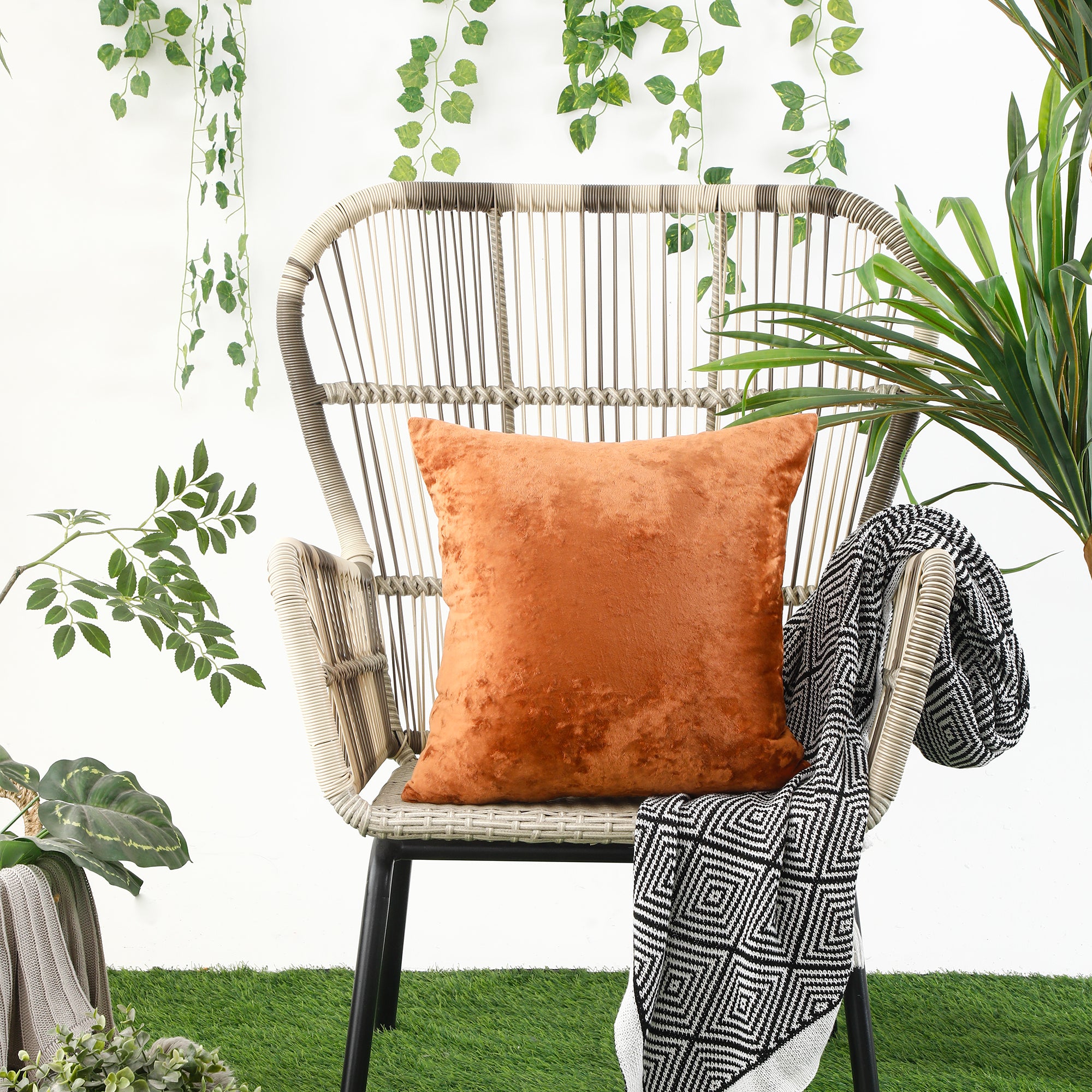 Luxurious Burnt Orange Velvet Cushion Cover with Crushed Ice Texture, 45x45 cm.