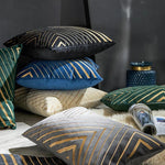 Load image into Gallery viewer, Embroidered velvet pillow cover with blue and green tones and gold striping, 45x45 cm
