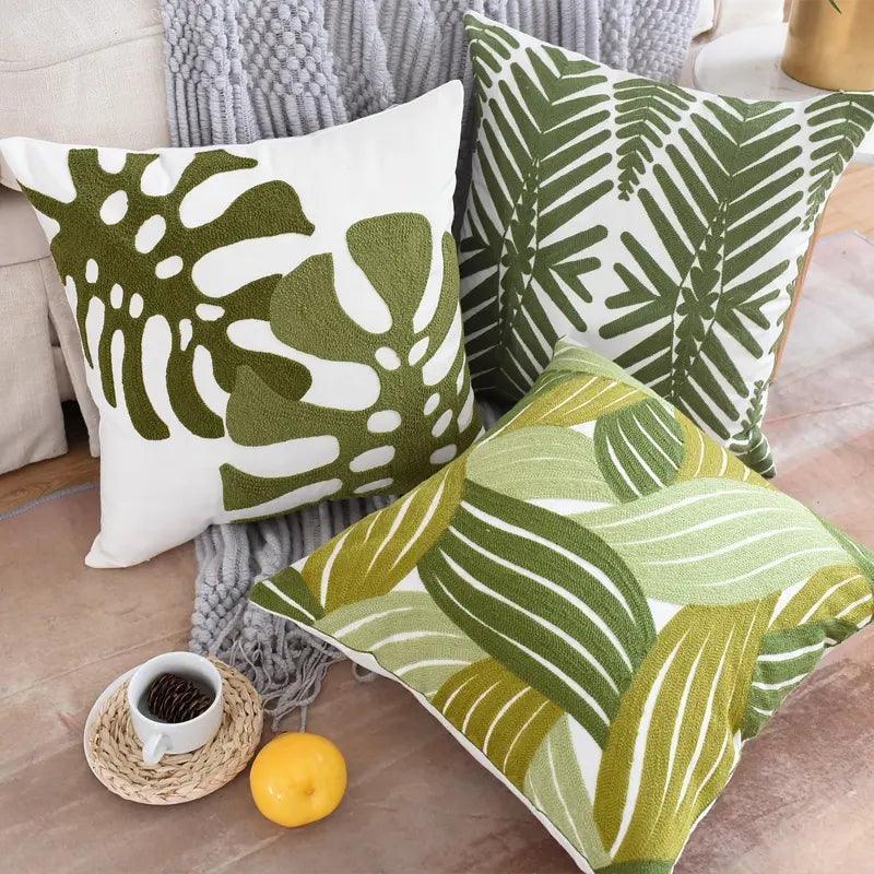 Pure cotton cushion cover with green leaves embroidery pattern, 45x45cm (18x18 inches)