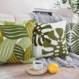 Pure Cotton Green Leaves Pattern Embroidery Cushion Cover 45x45cm (18 x 18 Inches)