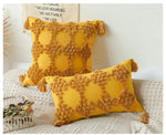Load image into Gallery viewer, Close-up of custom handmade pure cotton cushion cover with tassels and tufted pattern
