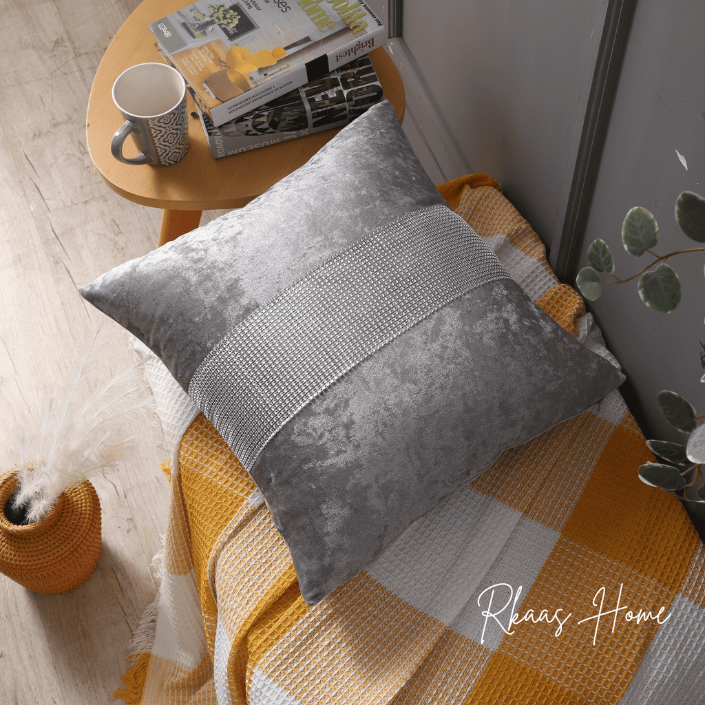 Silver Grey velvet pillow cover with crushed ice texture and diamante sparkle