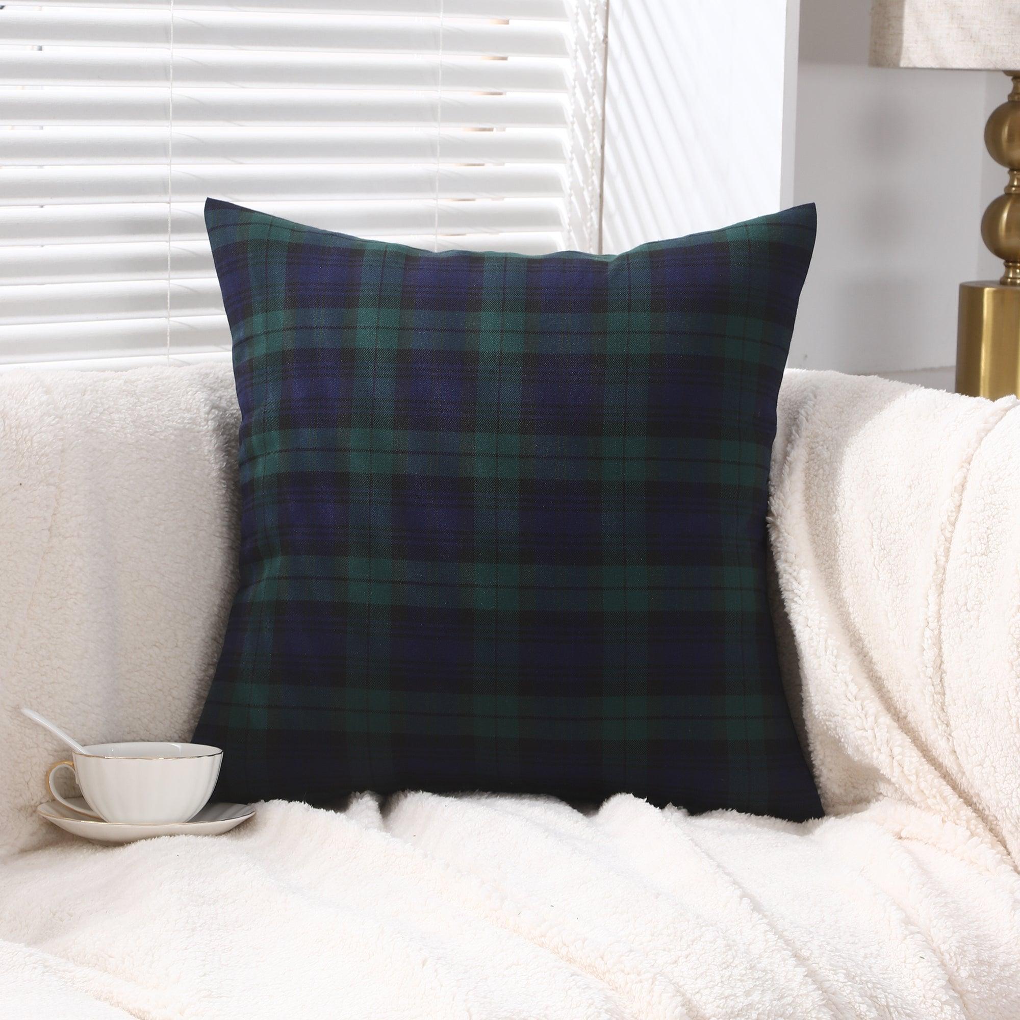 Rustic tartan check pillow covers for living room decor in blue and green