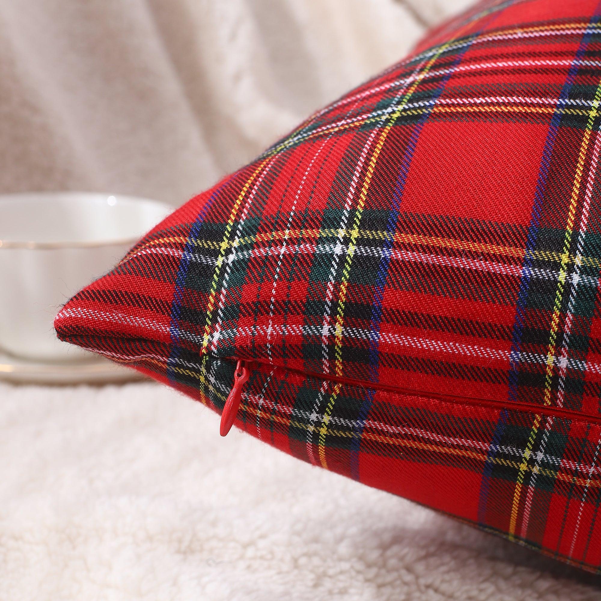 Close-up of polyester cotton tartan cushion cover with traditional check pattern