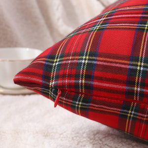 Close-up of polyester cotton tartan cushion cover with traditional check pattern