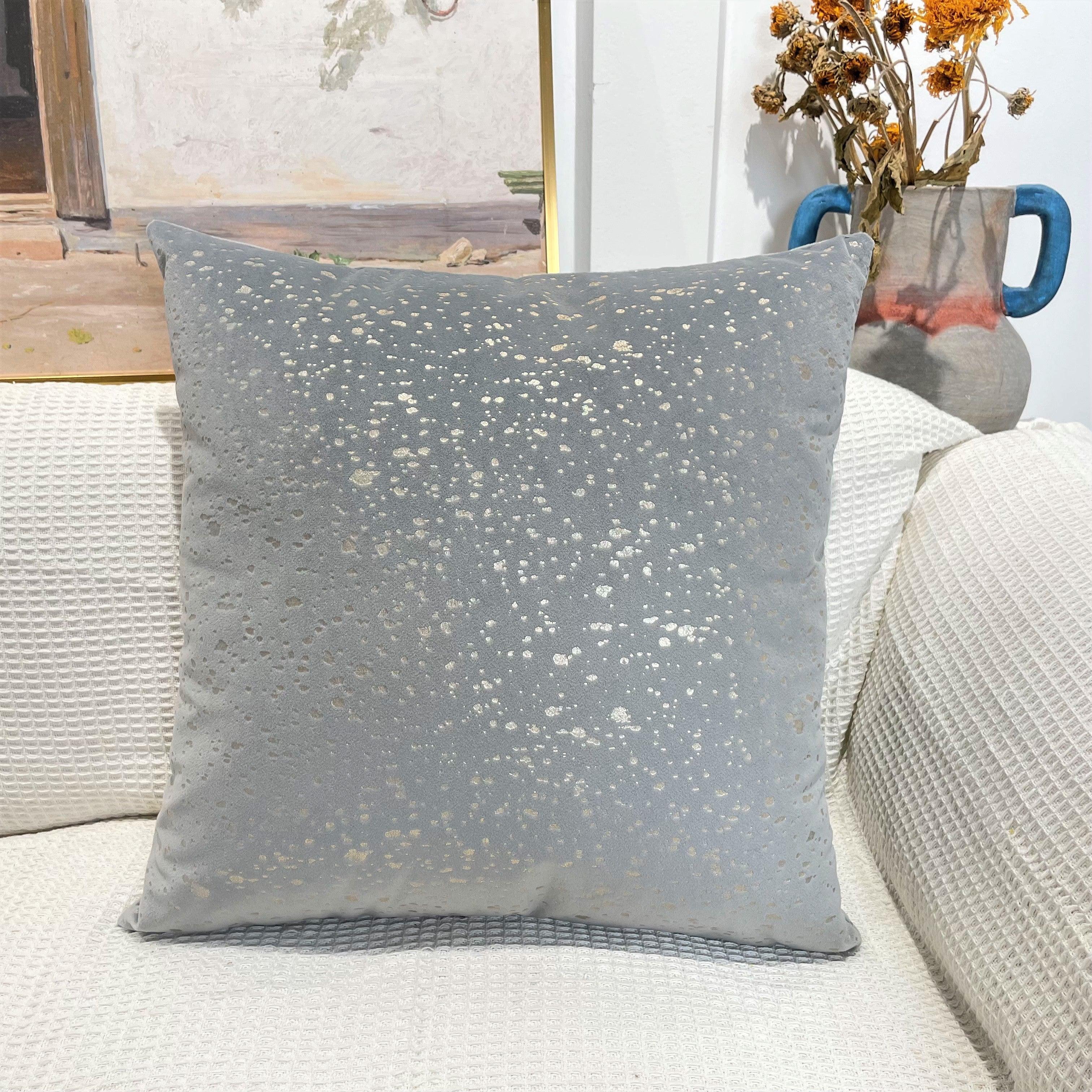 Grey premium velvet cushion cover with gold stamp dots design, 45x45 cm, available in 8 colours