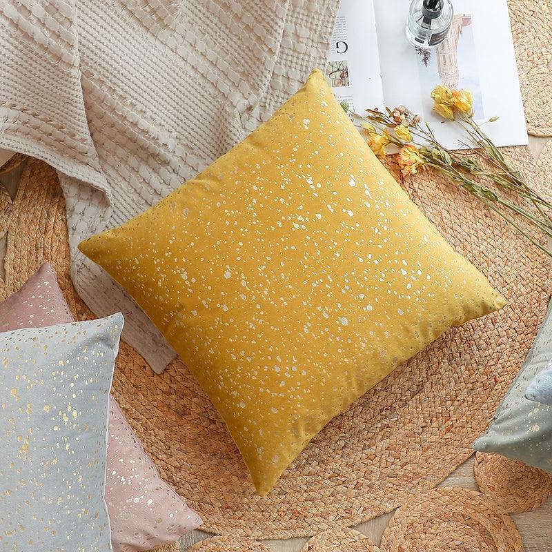 Mustard Colour Soft velvet cushion cover with a stylish gold stamp dots design.
