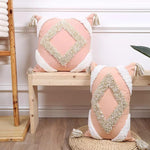 Load image into Gallery viewer, Pink bohemian cushion cover with tufted geometric pattern and tassel accents
