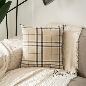 Rustic-style cushion cover with a plaid tartan design in durable polyester