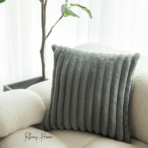 Decorative faux fur cushion cover with striped corduroy pattern, 18x18 inches.