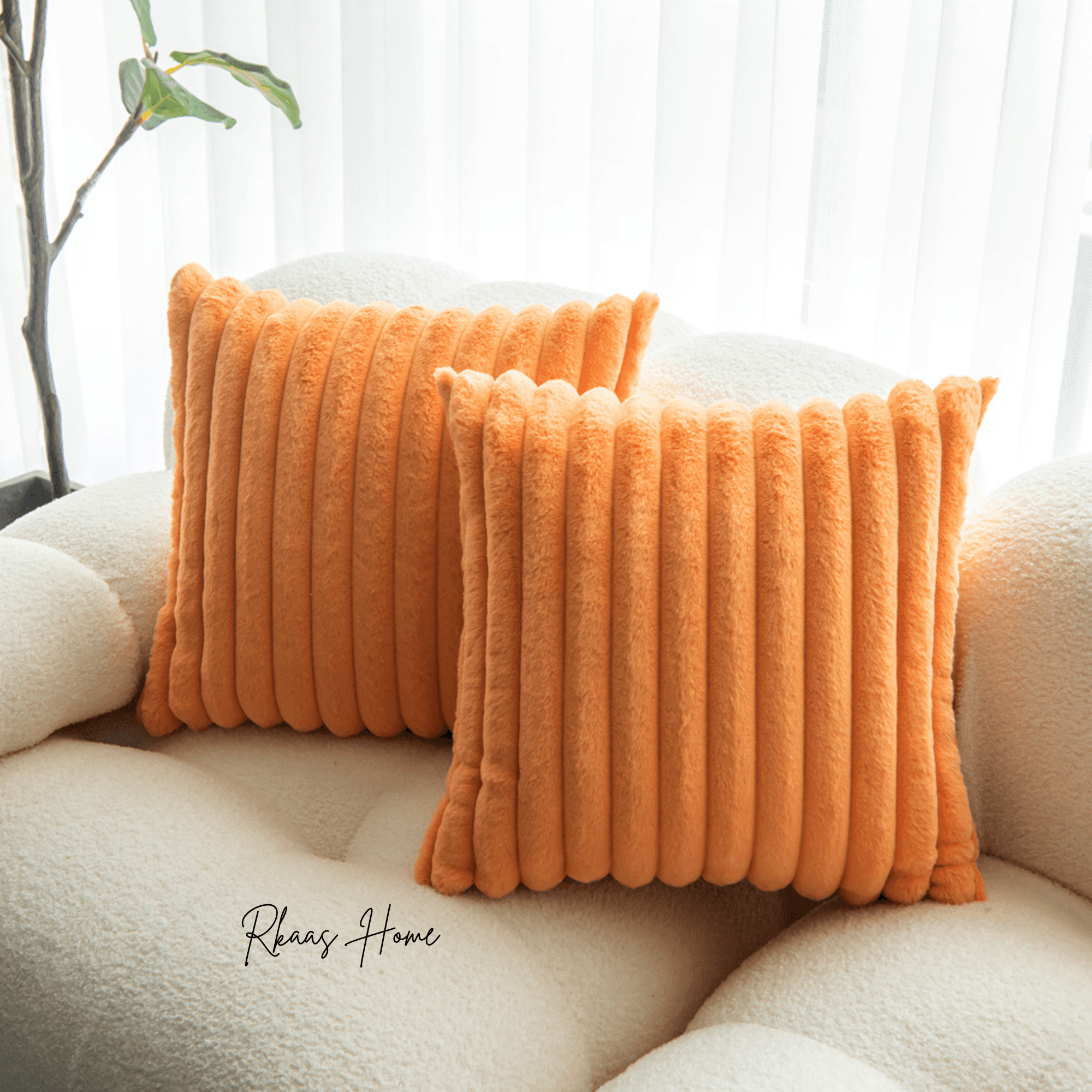 Textured and plush faux fur cushion cover with elegant striped corduroy style.
