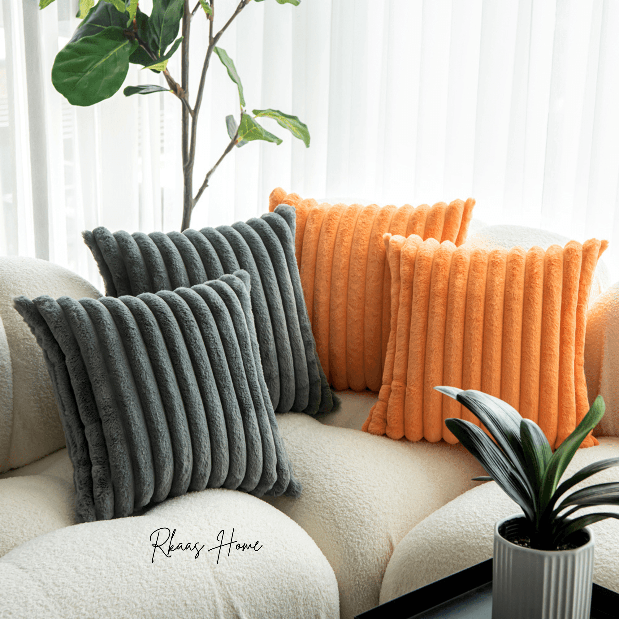 Fluffy striped soft plush faux fur cushion cover in corduroy style, 45x45 cm size.