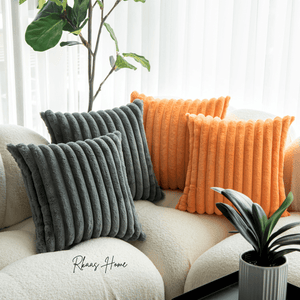 Fluffy striped soft plush faux fur cushion cover in corduroy style, 45x45 cm size.