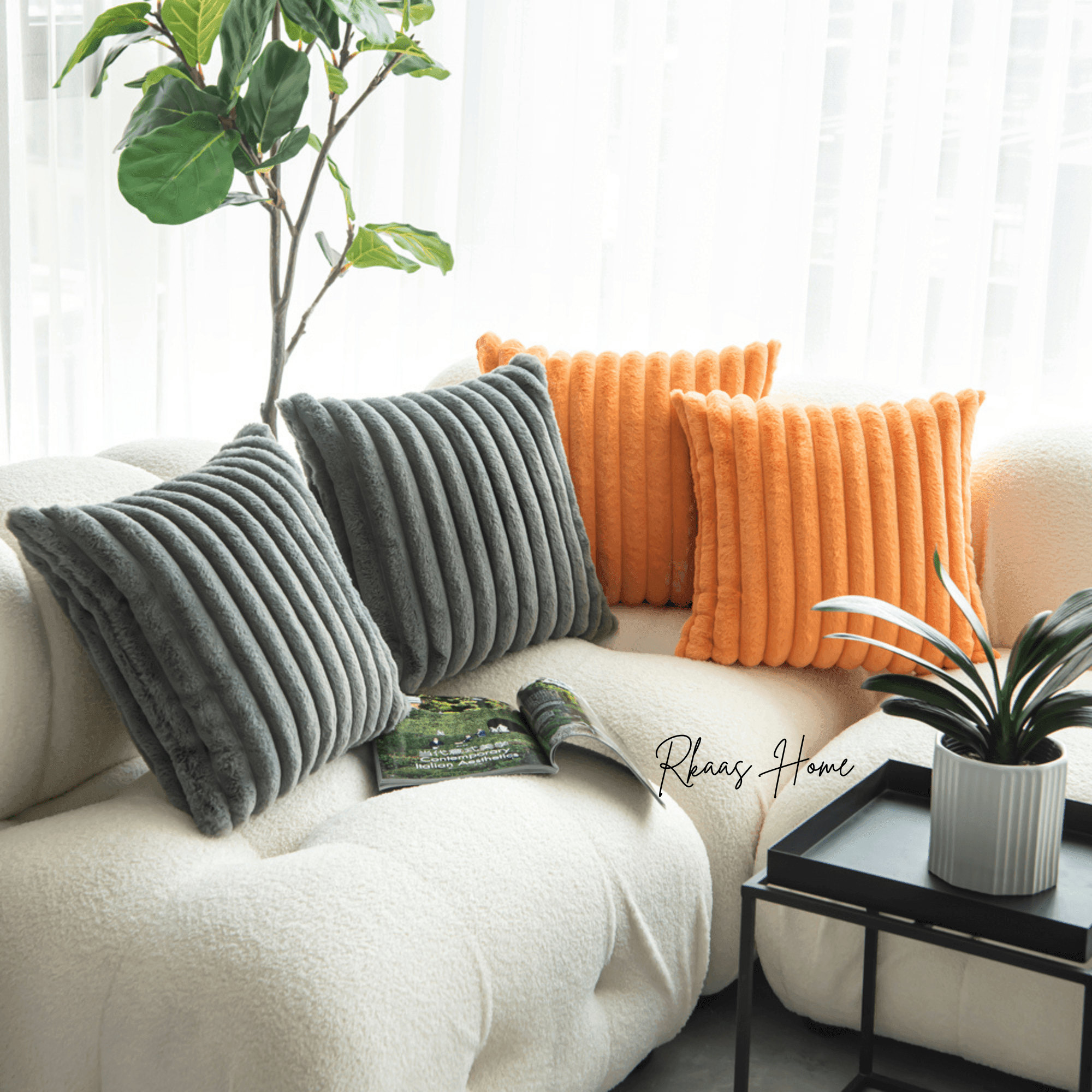 Soft and fluffy striped faux fur cushion cover in a corduroy style, 45cm x 45cm