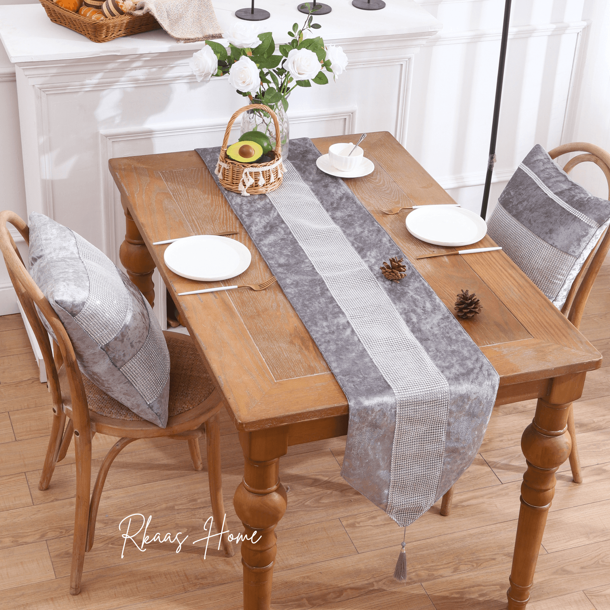Diamante Crushed Ice Velvet Table Runner Silver Grey 32x180cm