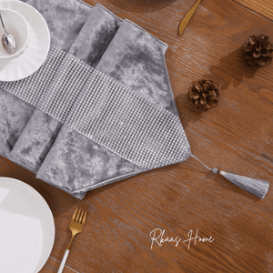 Diamante Crushed Ice Velvet Table Runner (Silver Grey - 32x180cm)