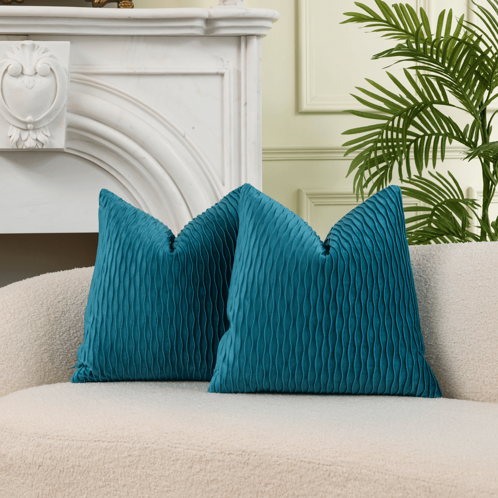 Teal velvet pillow cover featuring wave design, perfect for sofa or bedroom