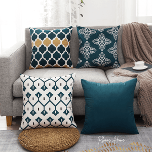 Designer Dutch velvet cushion cover with geometric design, 45x45 cm (18x18 inches), blue luxury decorative pillow cover for modern home decor
