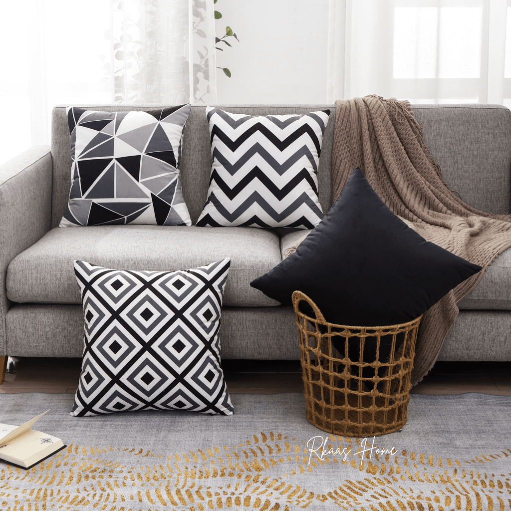 Designer Dutch velvet cushion cover with geometric design, 45x45 cm (18x18 inches), black luxury decorative pillow for modern home decor